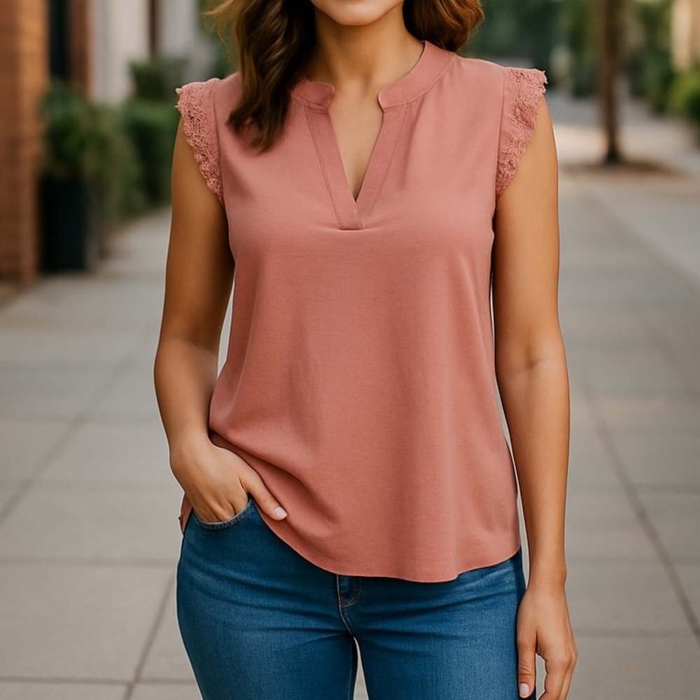 BIG BOX STORE Rose Pink Pull On Blouse with Lace Effect Cap Sleeves